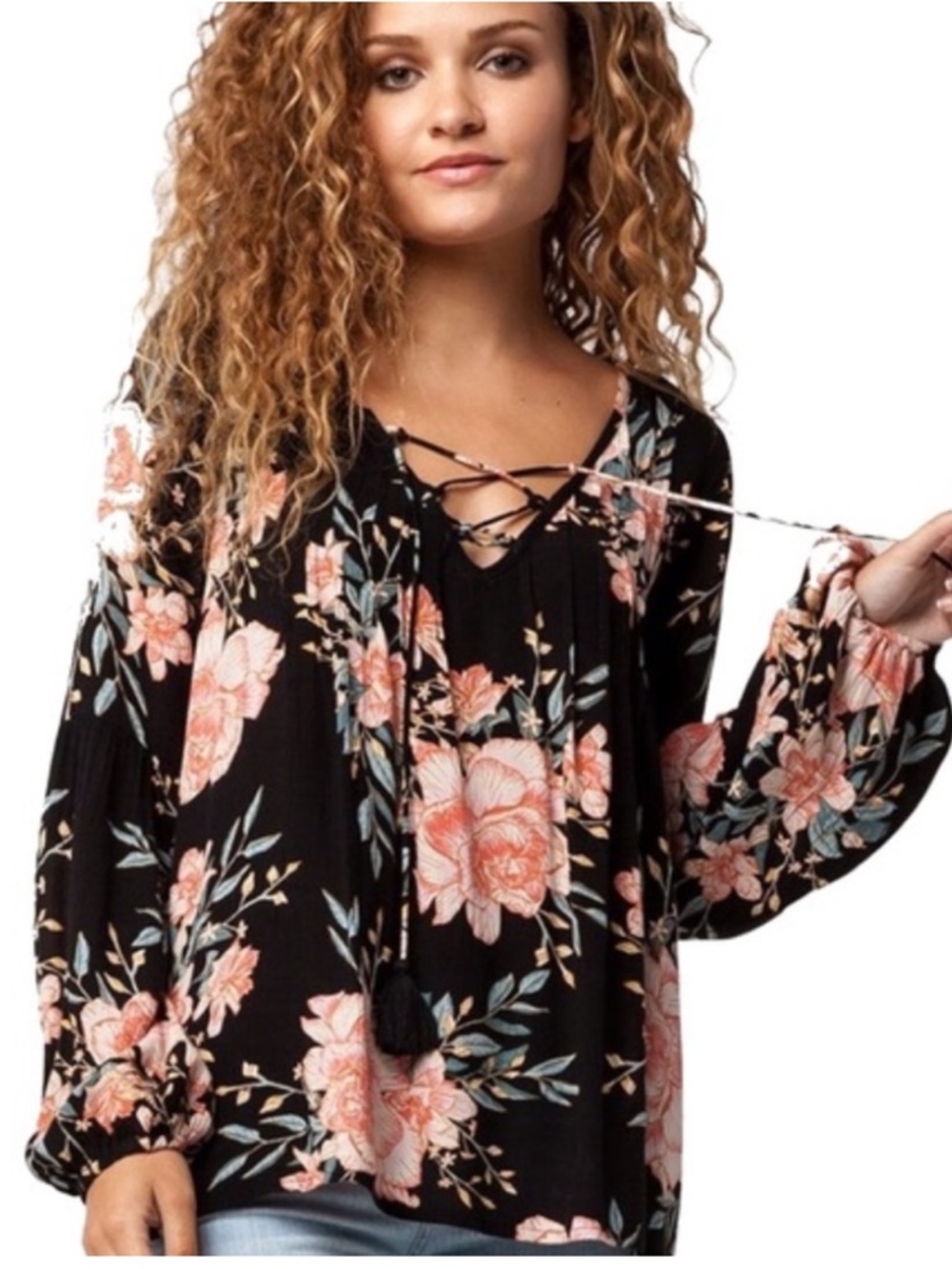 Billabong lace up long sleeve floral blouse black coral green white yellow